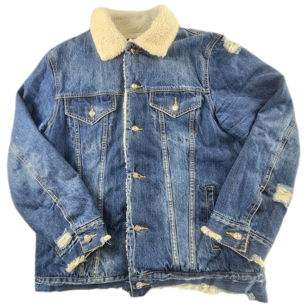 Civil Regime Men 2XL Blue Denim Jacket Distressed Sherpa Lined Trucker Y2K